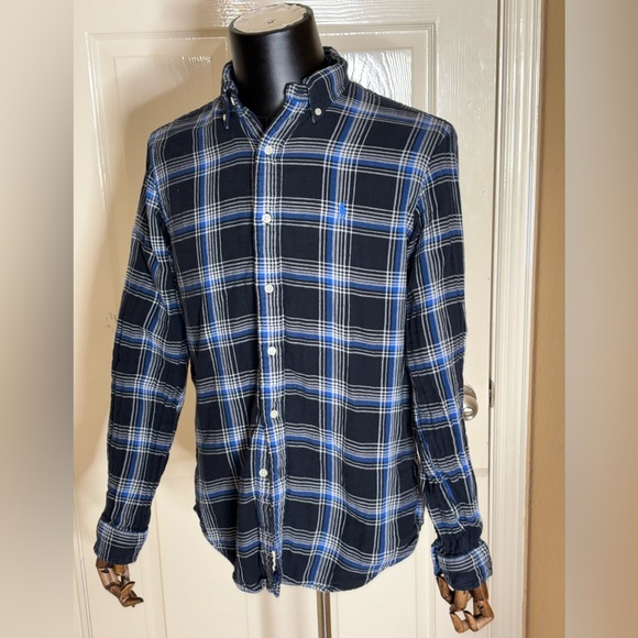 RALPH LAUREN Mens M DOUBLE FACED PLAID SPORT SHIRT Blue Black COTTON - Picture 2 of 11